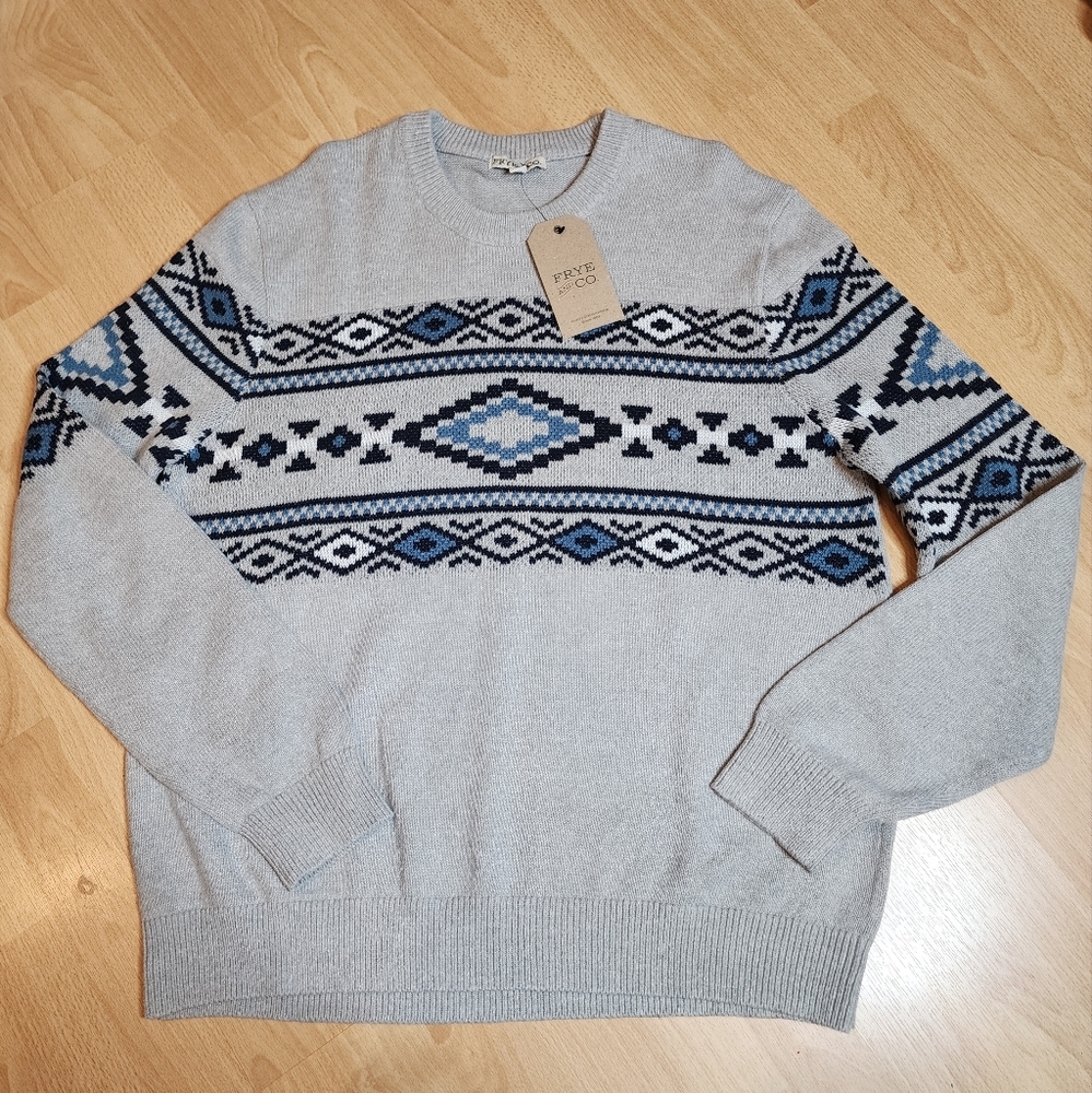 NWT Frye & Co Grey Blue Fairisle Sweater Mens Size XL Cotton